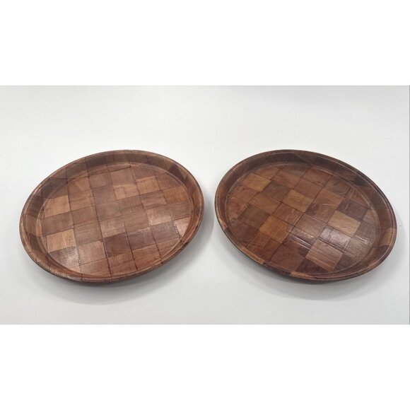 Vintage Parquet Weave Wood Round Serving Platter Large 13” Woven Mid Century MCM - Picture 1 of 11